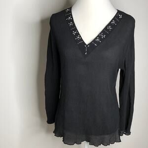Chicos V Neck Top Black Beaded Neck Line Small